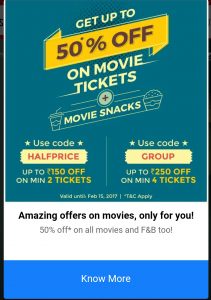 Book my show 50℅ off on movie tickets